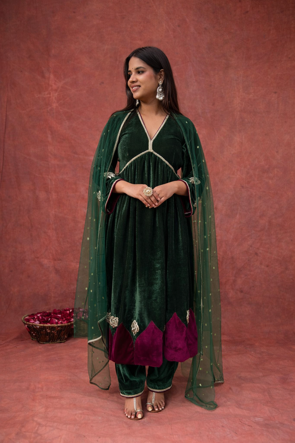 Emerald Velvet Anarkali Set