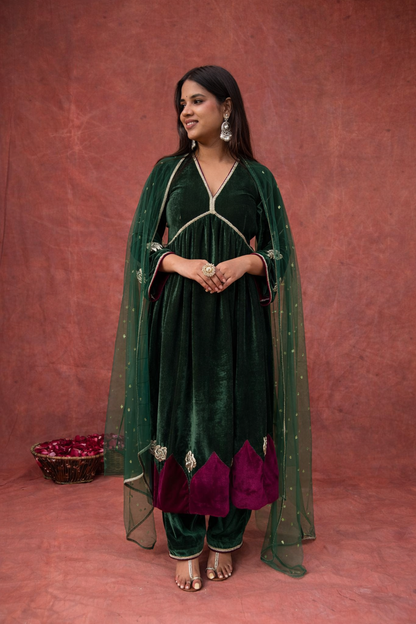 Emerald Velvet Anarkali Set