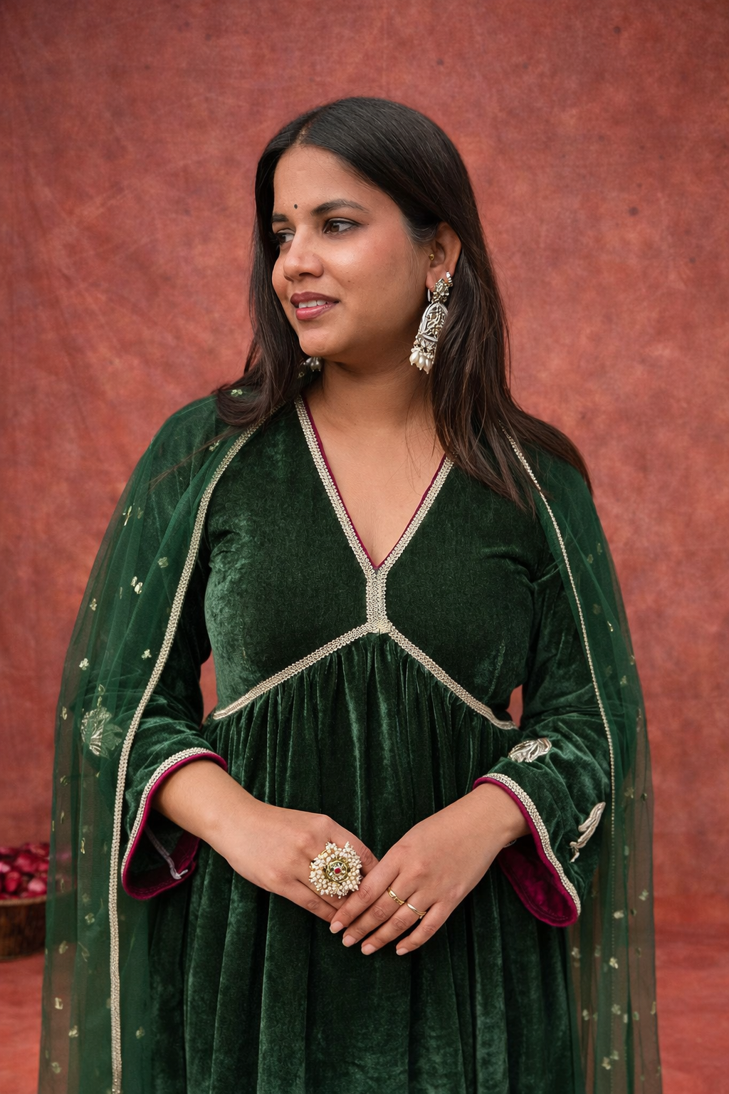 Emerald Velvet Anarkali Set