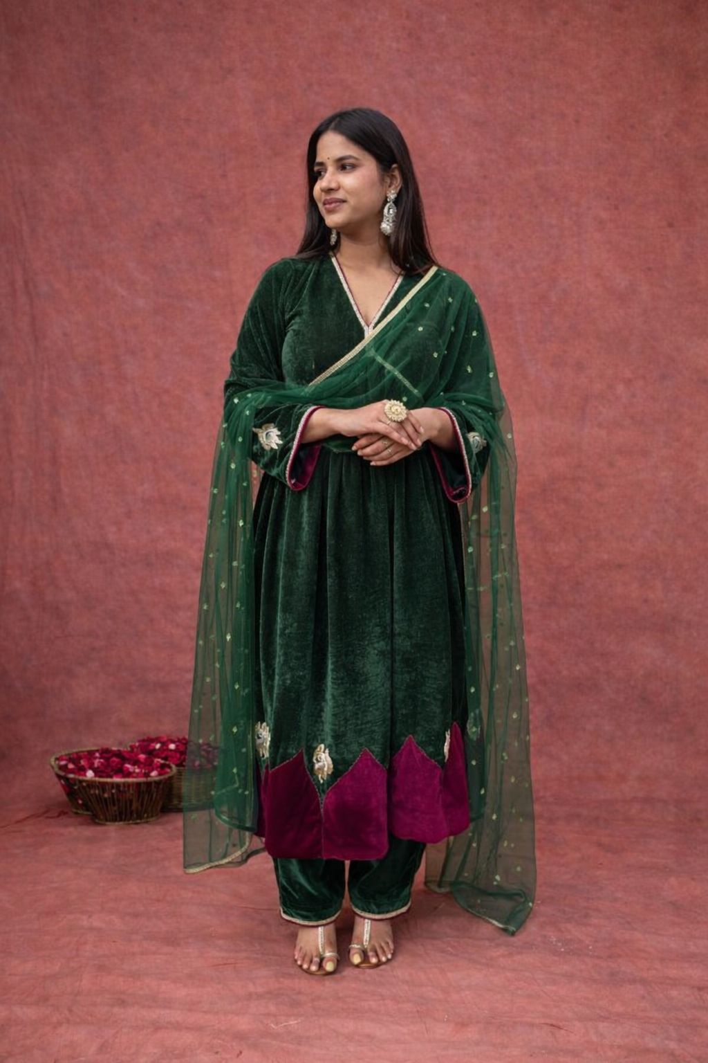 Emerald Velvet Anarkali Set