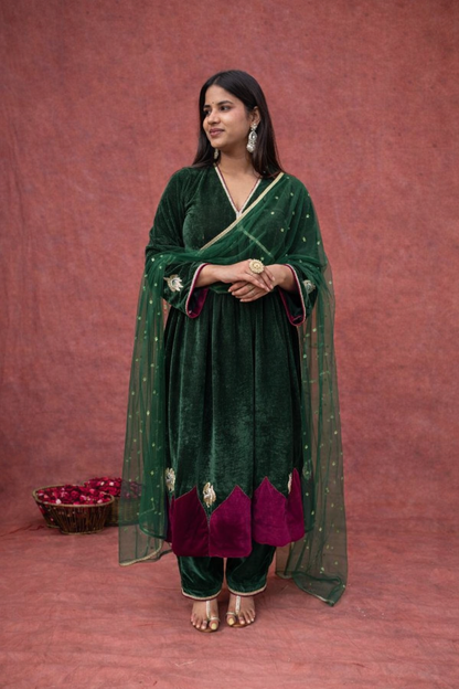 Emerald Velvet Anarkali Set