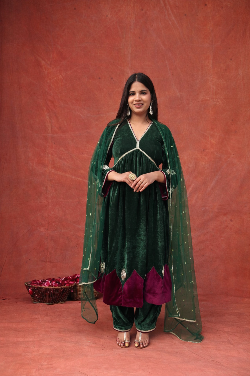 Emerald Velvet Anarkali Set